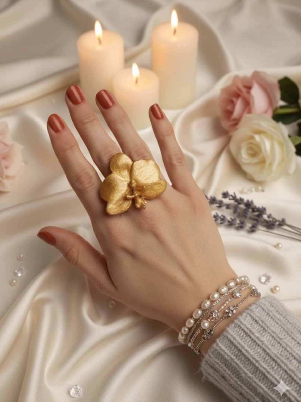 Real Orchid Resin Ring | Adjustable Gold Tone Stainless Steel Band | Preserved